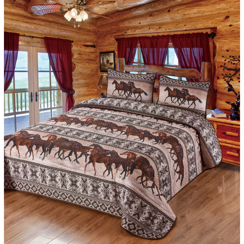 de Leon Collections Horse Valley Quilt Quilted Bedding Set Brown Beige Gray Queen Size